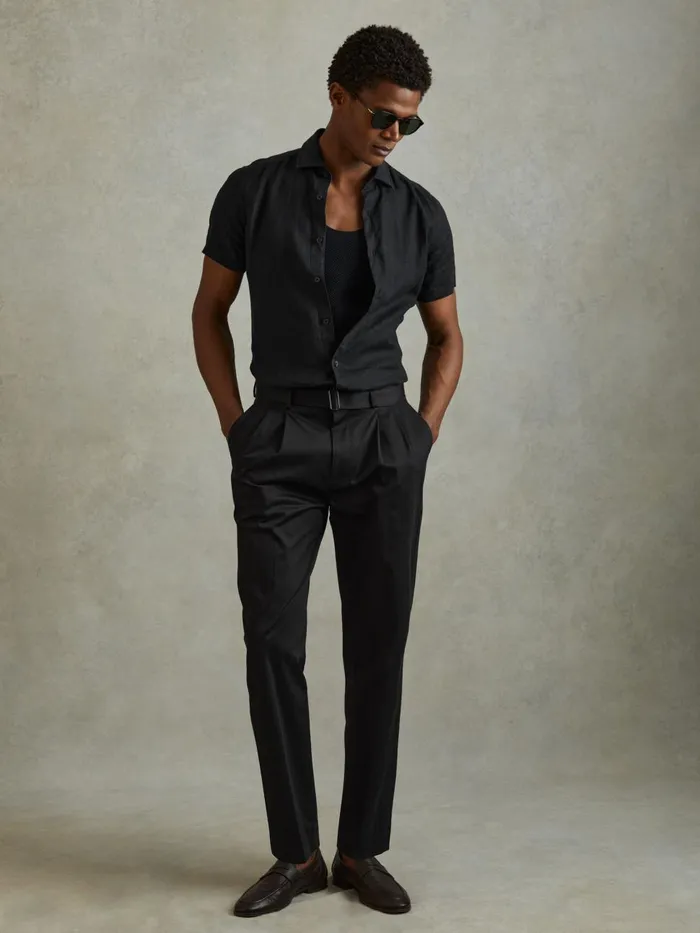 Men Reiss Shirts Holiday Slim Fit Linen ButtonThrough Shirt Black