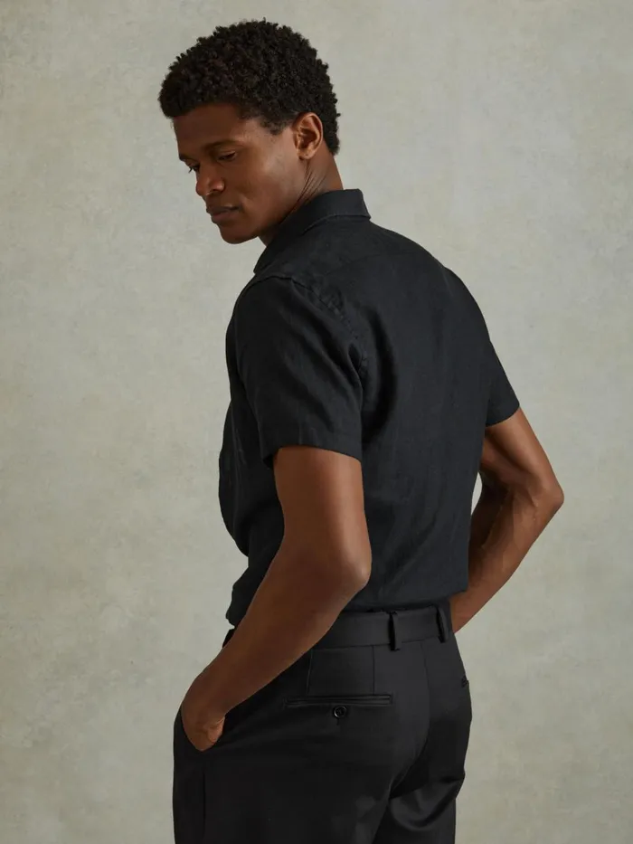 Men Reiss Shirts Holiday Slim Fit Linen ButtonThrough Shirt Black