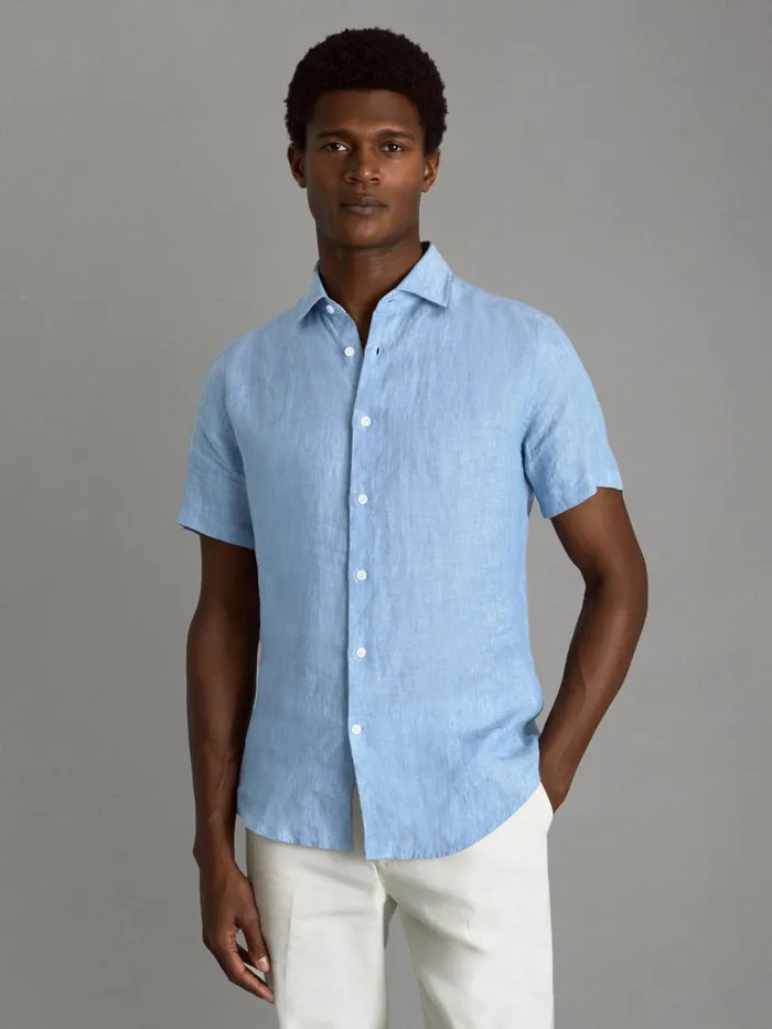 Men Reiss Shirts Holiday Slim Fit Linen ButtonThrough Shirt Sky Blue