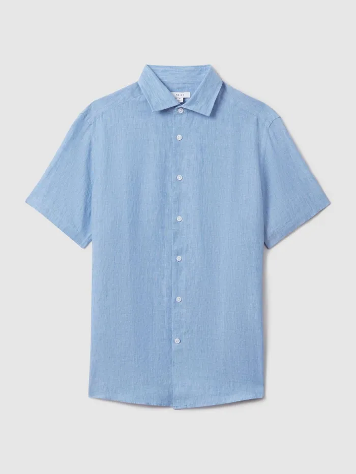 Men Reiss Shirts Holiday Slim Fit Linen ButtonThrough Shirt Sky Blue