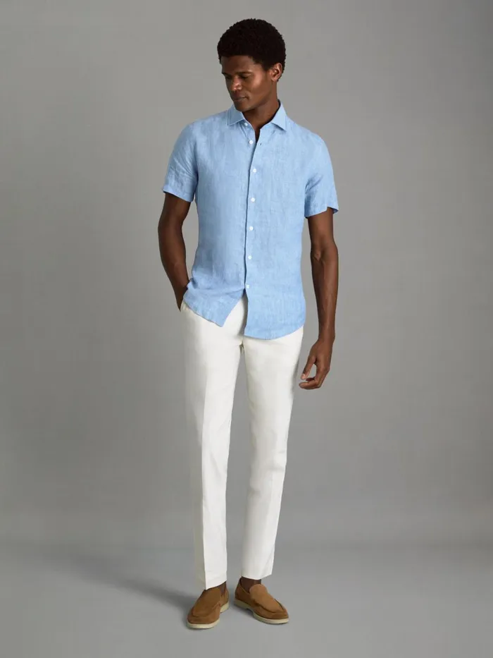 Men Reiss Shirts Holiday Slim Fit Linen ButtonThrough Shirt Sky Blue