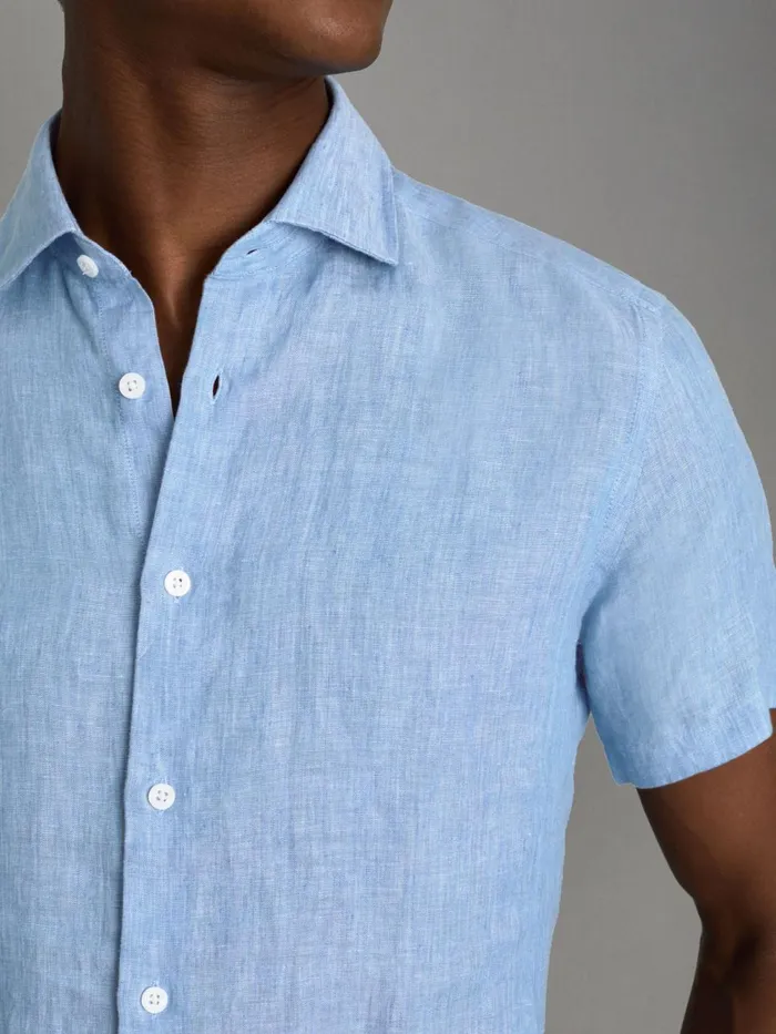 Men Reiss Shirts Holiday Slim Fit Linen ButtonThrough Shirt Sky Blue