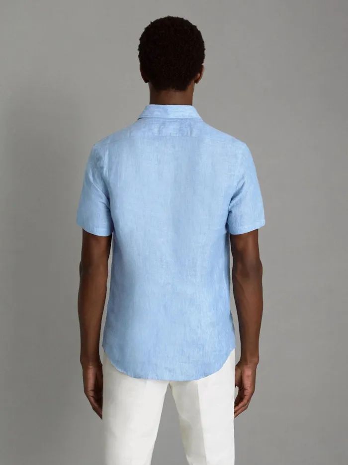 Men Reiss Shirts Holiday Slim Fit Linen ButtonThrough Shirt Sky Blue