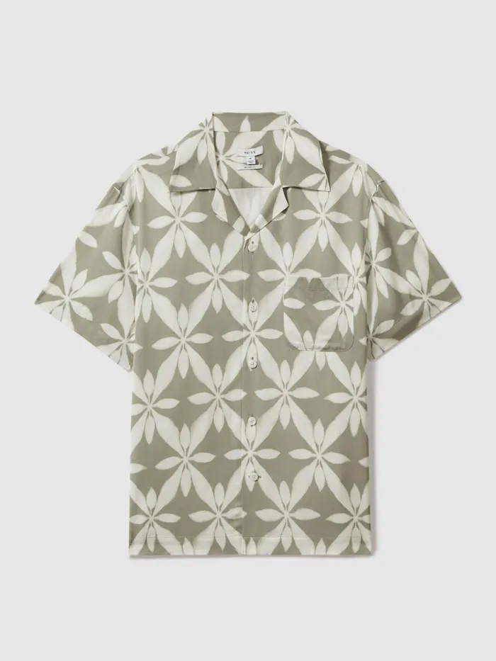 Men Reiss Shirts Marabel Relaxed Printed Cuban Collar Shirt Sage Green