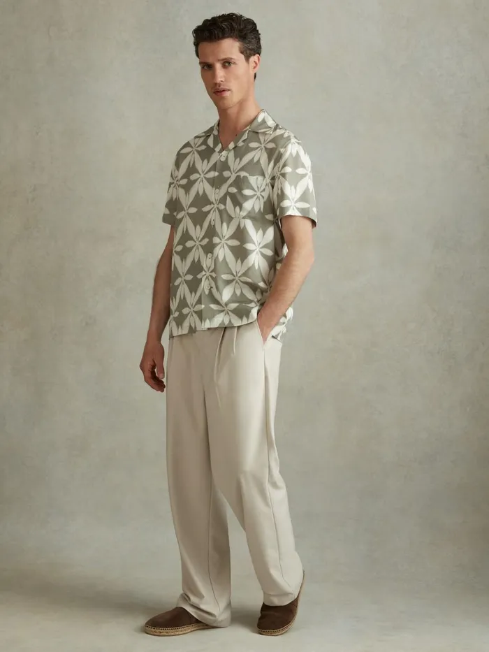 Men Reiss Shirts Marabel Relaxed Printed Cuban Collar Shirt Sage Green