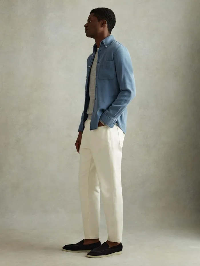 Men Reiss Shirts Minoa Chambray Pique ButtonThrough Shirt Washed Blue
