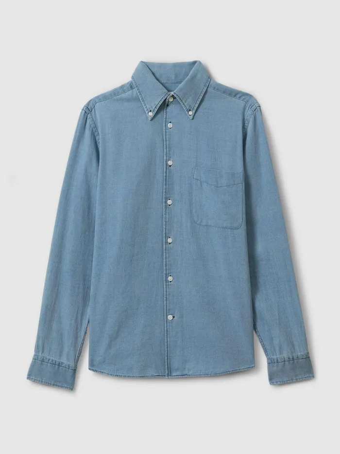 Men Reiss Shirts Minoa Chambray Pique ButtonThrough Shirt Washed Blue
