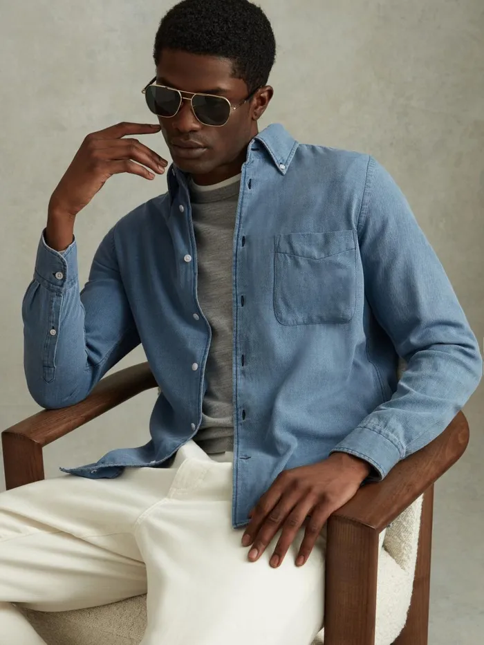 Men Reiss Shirts Minoa Chambray Pique ButtonThrough Shirt Washed Blue
