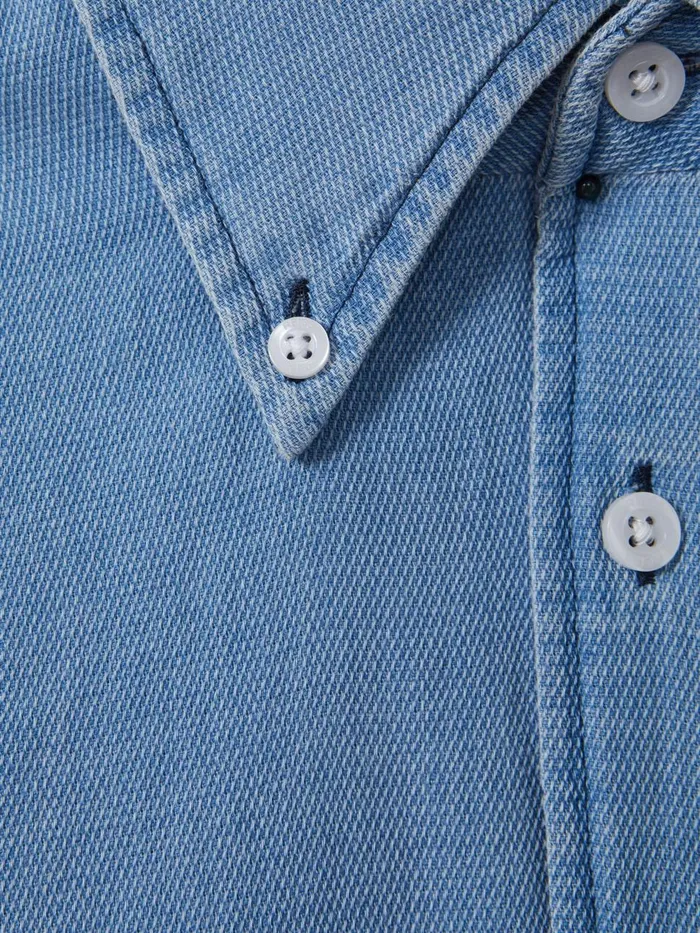 Men Reiss Shirts Minoa Chambray Pique ButtonThrough Shirt Washed Blue