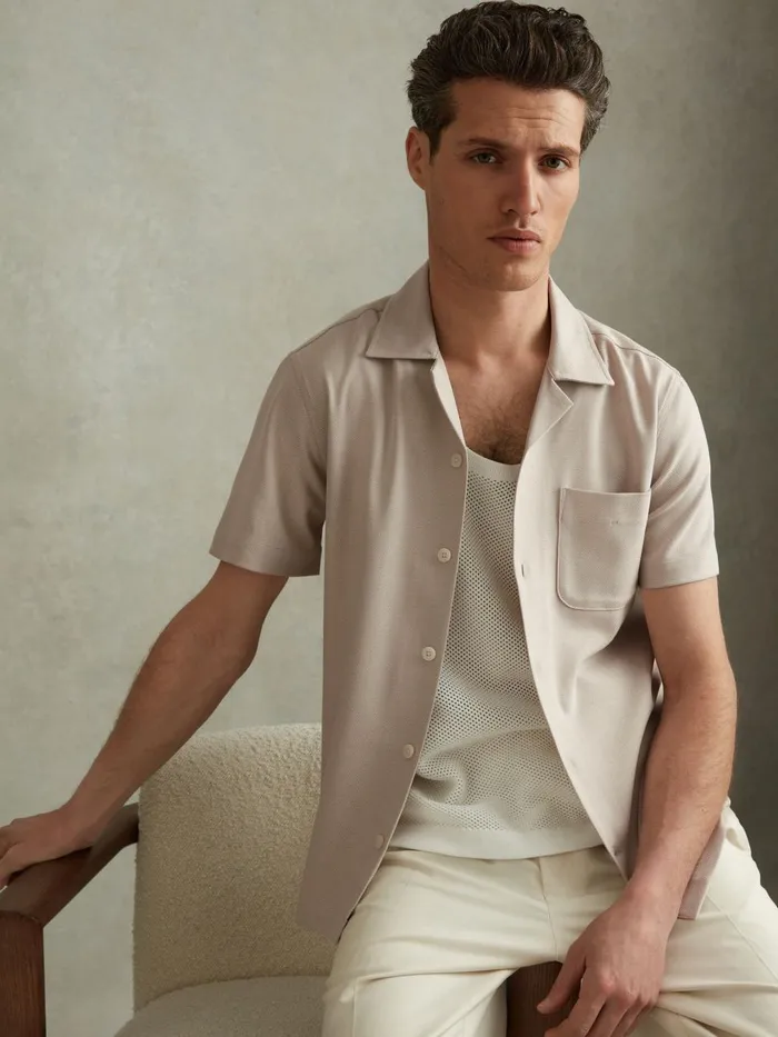 Men Reiss Shirts Nitus Herringbone Cuban Collar Shirt Stone