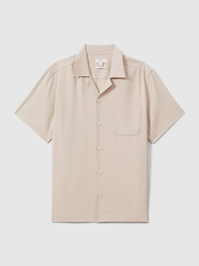 Men Reiss Shirts Nitus Herringbone Cuban Collar Shirt Stone