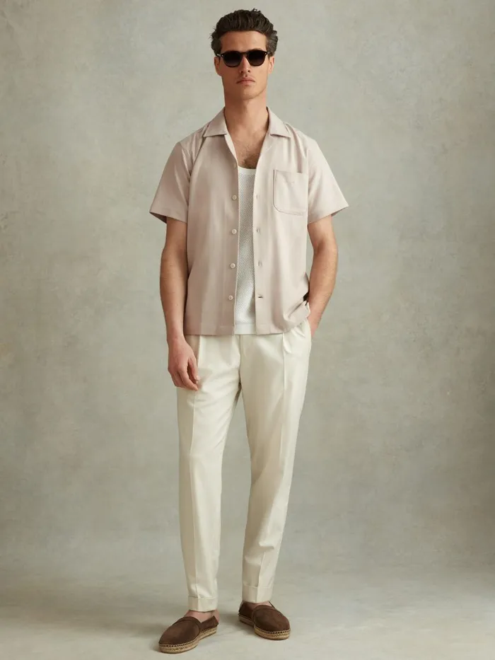 Men Reiss Shirts Nitus Herringbone Cuban Collar Shirt Stone