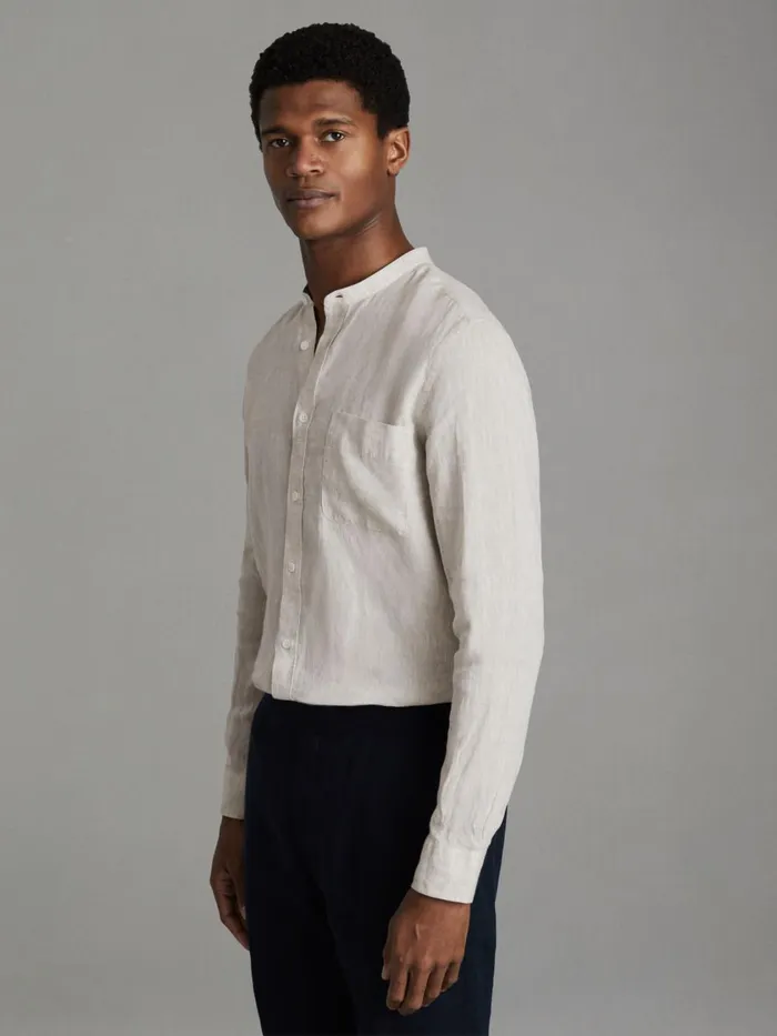 Men Reiss Shirts Ocean Linen Grandad Collar Shirt Stone