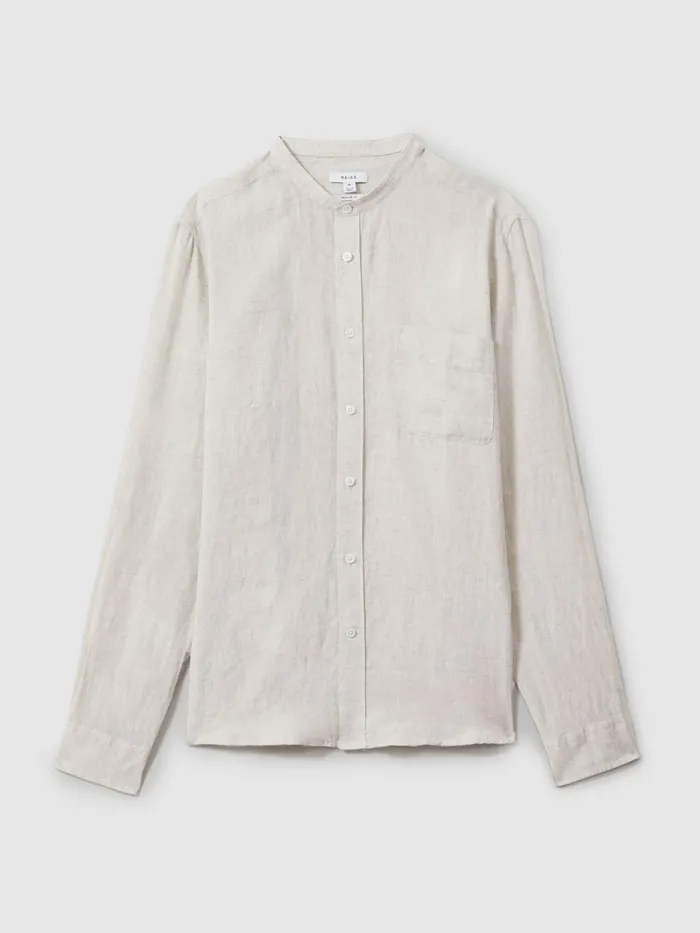 Men Reiss Shirts Ocean Linen Grandad Collar Shirt Stone