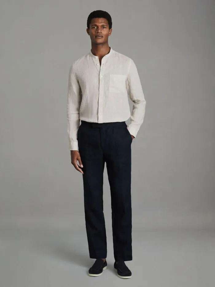 Men Reiss Shirts Ocean Linen Grandad Collar Shirt Stone