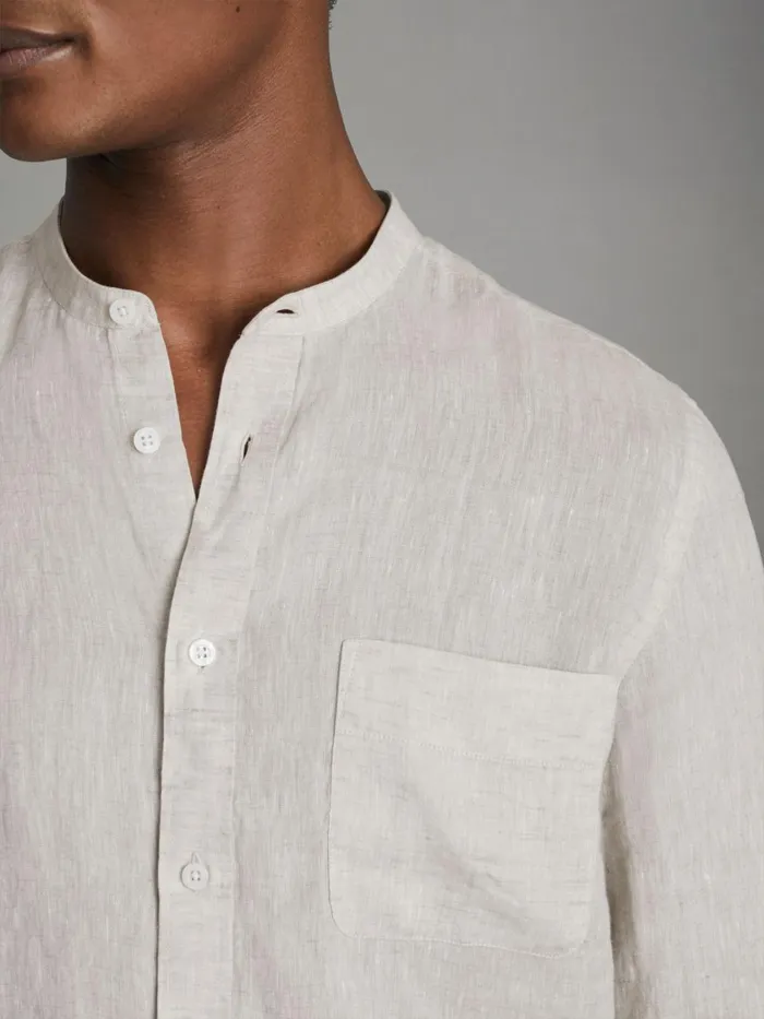 Men Reiss Shirts Ocean Linen Grandad Collar Shirt Stone