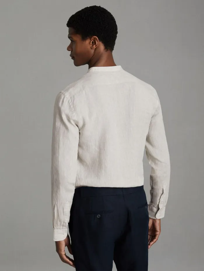 Men Reiss Shirts Ocean Linen Grandad Collar Shirt Stone