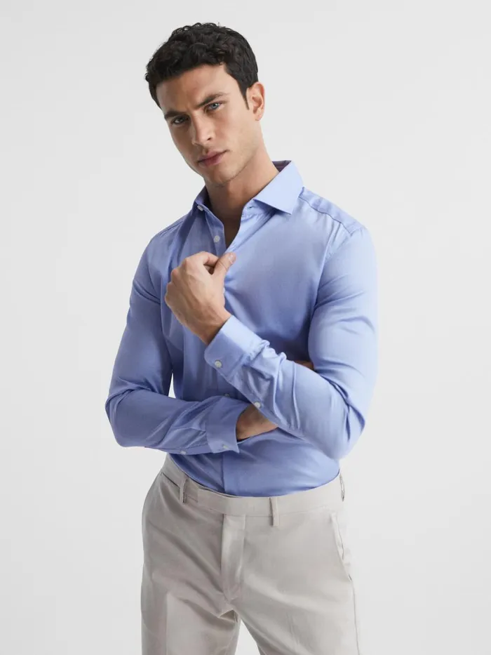 Men Reiss Shirts Remote Cotton Satin Slim Fit Shirt Mid Blue