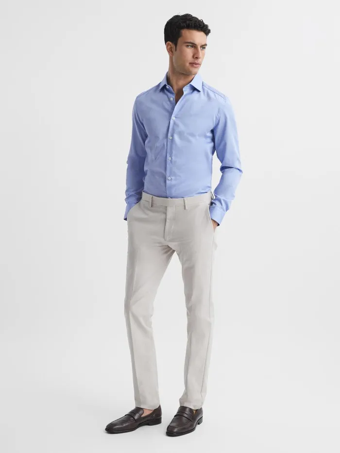 Men Reiss Shirts Remote Cotton Satin Slim Fit Shirt Mid Blue