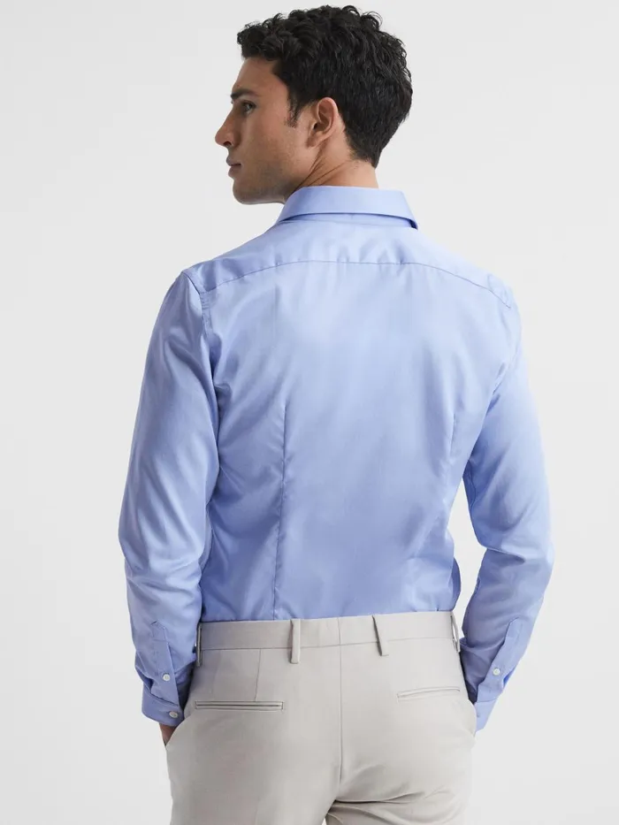 Men Reiss Shirts Remote Cotton Satin Slim Fit Shirt Mid Blue