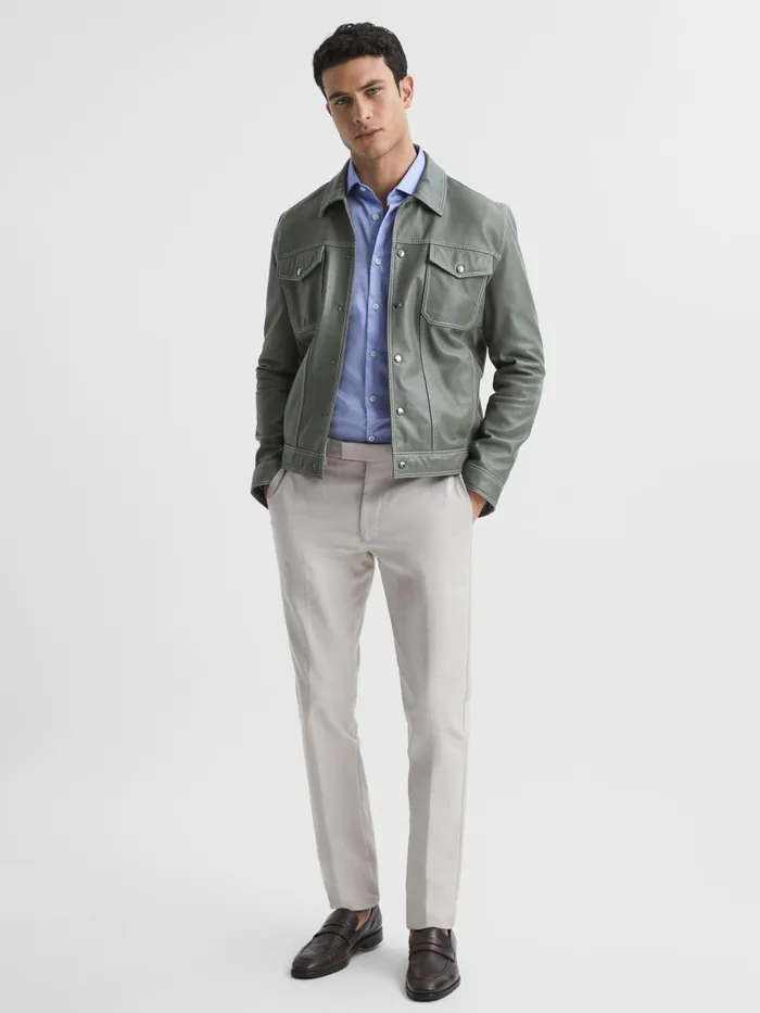 Men Reiss Shirts Remote Cotton Satin Slim Fit Shirt Mid Blue