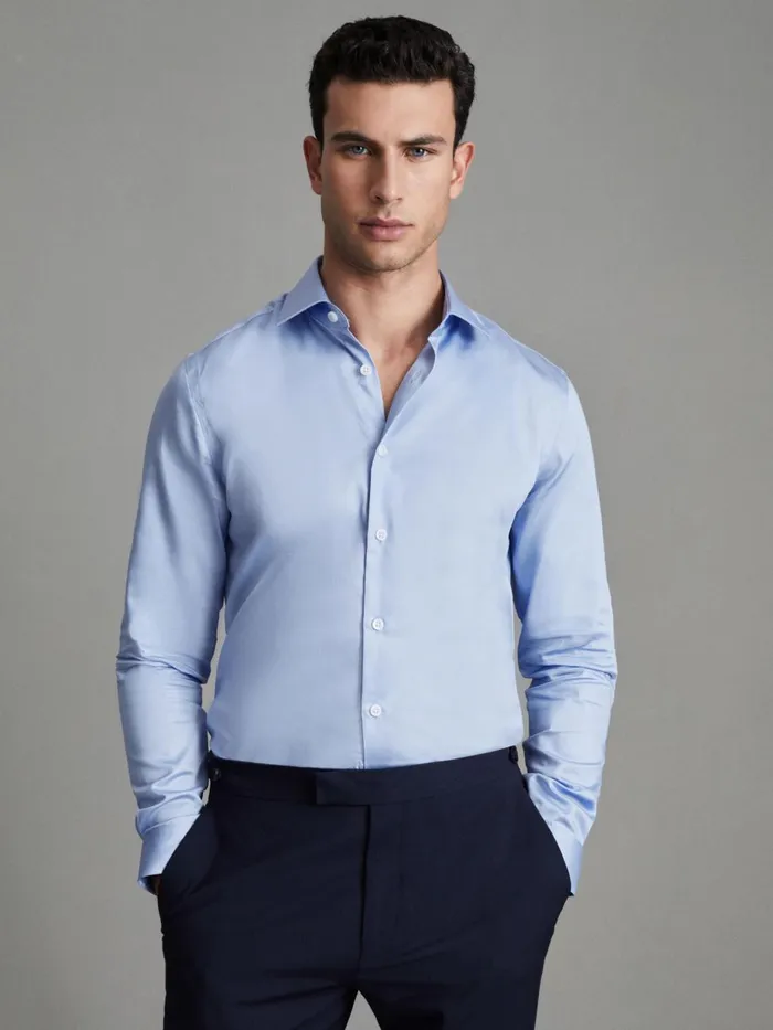 Men Reiss Shirts Remote Reg Cotton Satin Cutaway Collar Shirt Mid Blue