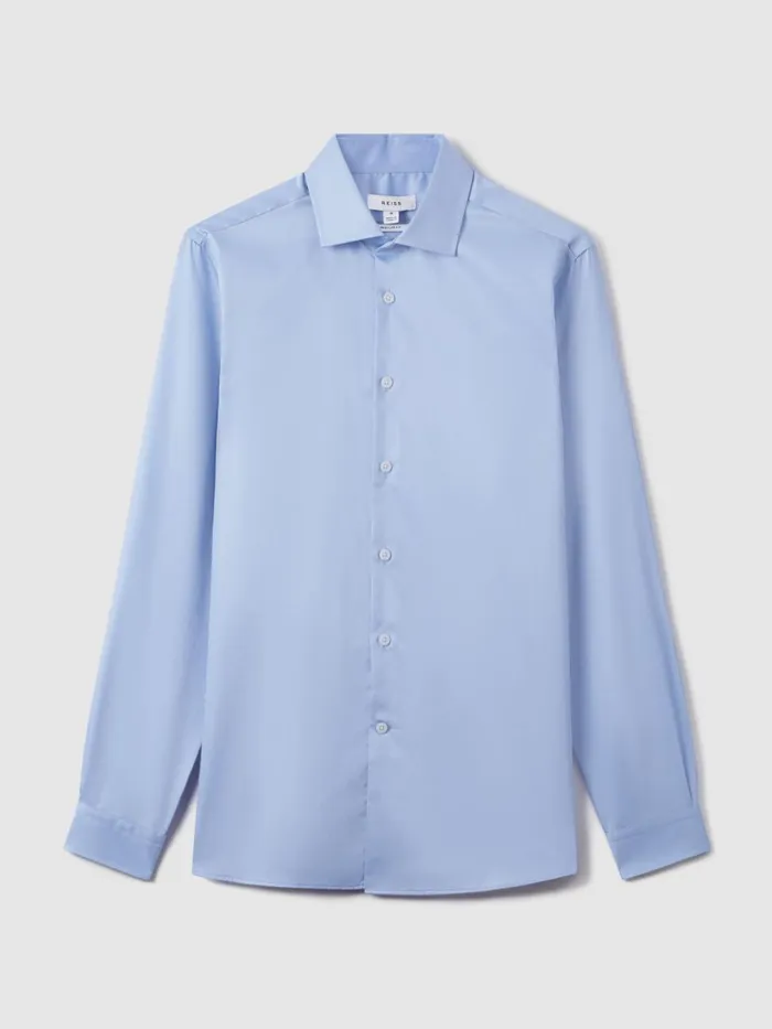 Men Reiss Shirts Remote Reg Cotton Satin Cutaway Collar Shirt Mid Blue