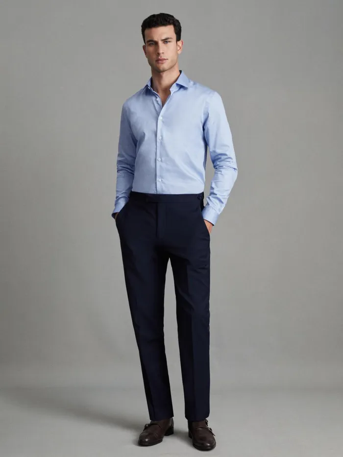 Men Reiss Shirts Remote Reg Cotton Satin Cutaway Collar Shirt Mid Blue