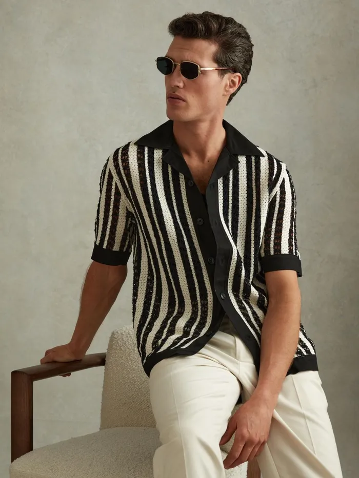 Men Reiss Shirts Romy Crochet Cuban Collar Shirt Blackecru