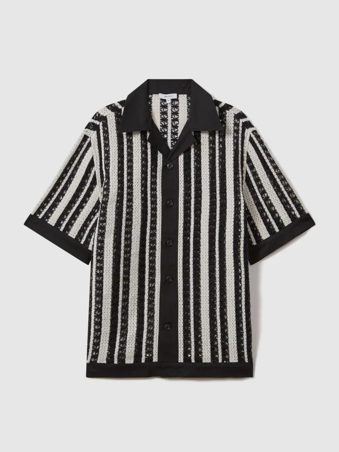 Men Reiss Shirts Romy Crochet Cuban Collar Shirt Blackecru