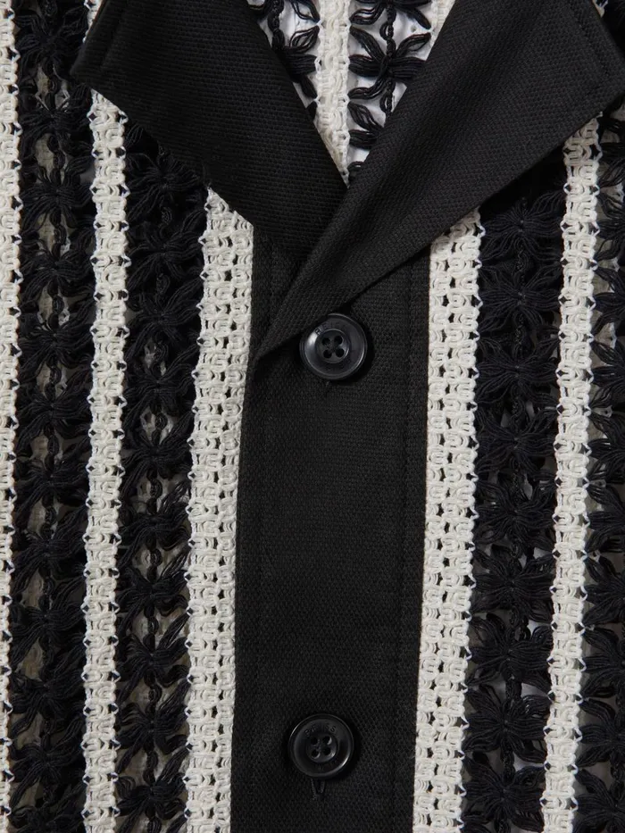 Men Reiss Shirts Romy Crochet Cuban Collar Shirt Blackecru