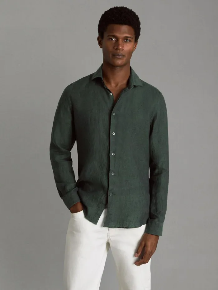 Men Reiss Shirts Ruban Linen Button Through Shirt Dark Green