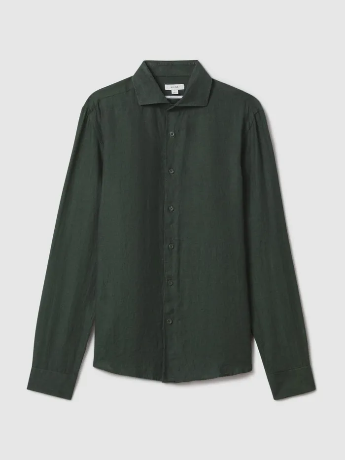 Men Reiss Shirts Ruban Linen Button Through Shirt Dark Green