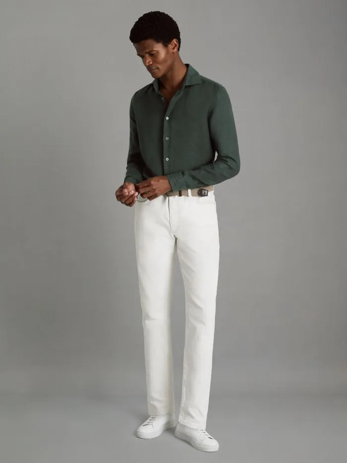 Men Reiss Shirts Ruban Linen Button Through Shirt Dark Green