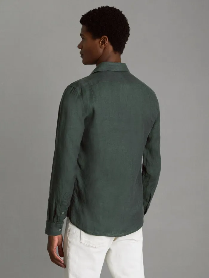 Men Reiss Shirts Ruban Linen Button Through Shirt Dark Green