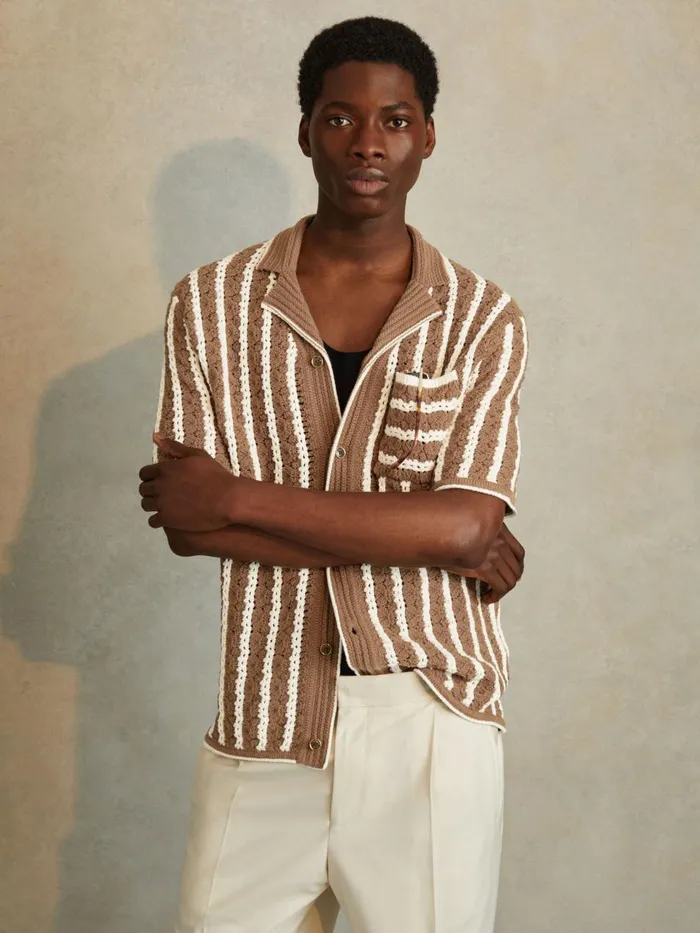 Men Reiss Shirts Spritz Oversized Crochet Striped Cuban Collar Shirt Camelwhite