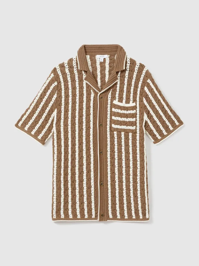 Men Reiss Shirts Spritz Oversized Crochet Striped Cuban Collar Shirt Camelwhite