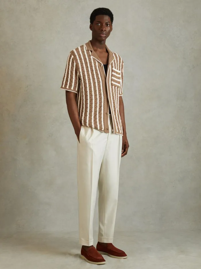 Men Reiss Shirts Spritz Oversized Crochet Striped Cuban Collar Shirt Camelwhite