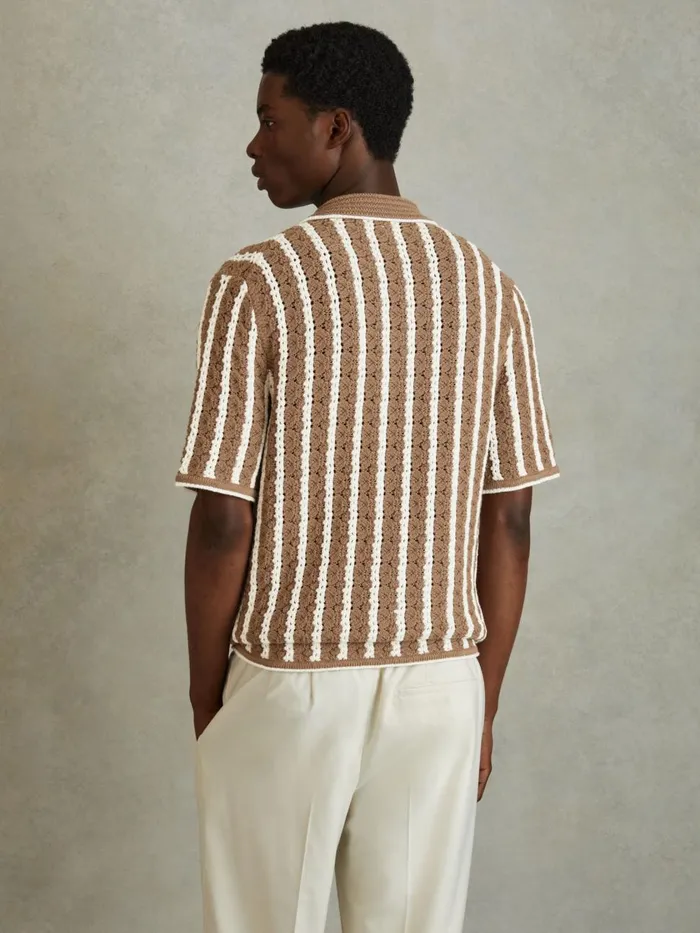 Men Reiss Shirts Spritz Oversized Crochet Striped Cuban Collar Shirt Camelwhite