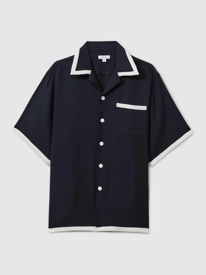 Men Reiss Shirts Vita Contrast Trim Cuban Collar Shirt Navyecru