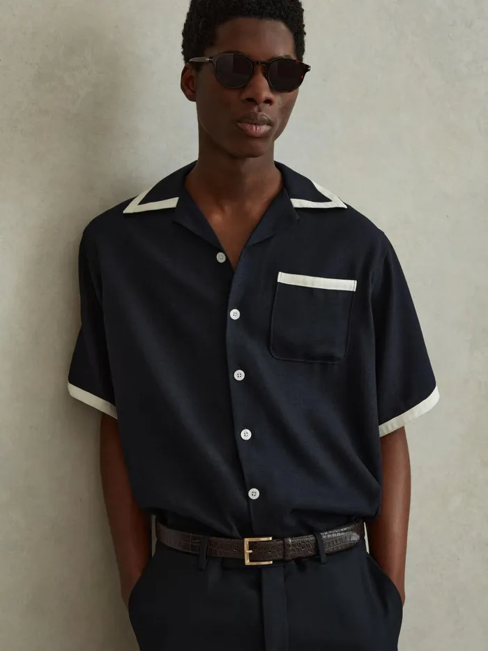 Men Reiss Shirts Vita Contrast Trim Cuban Collar Shirt Navyecru