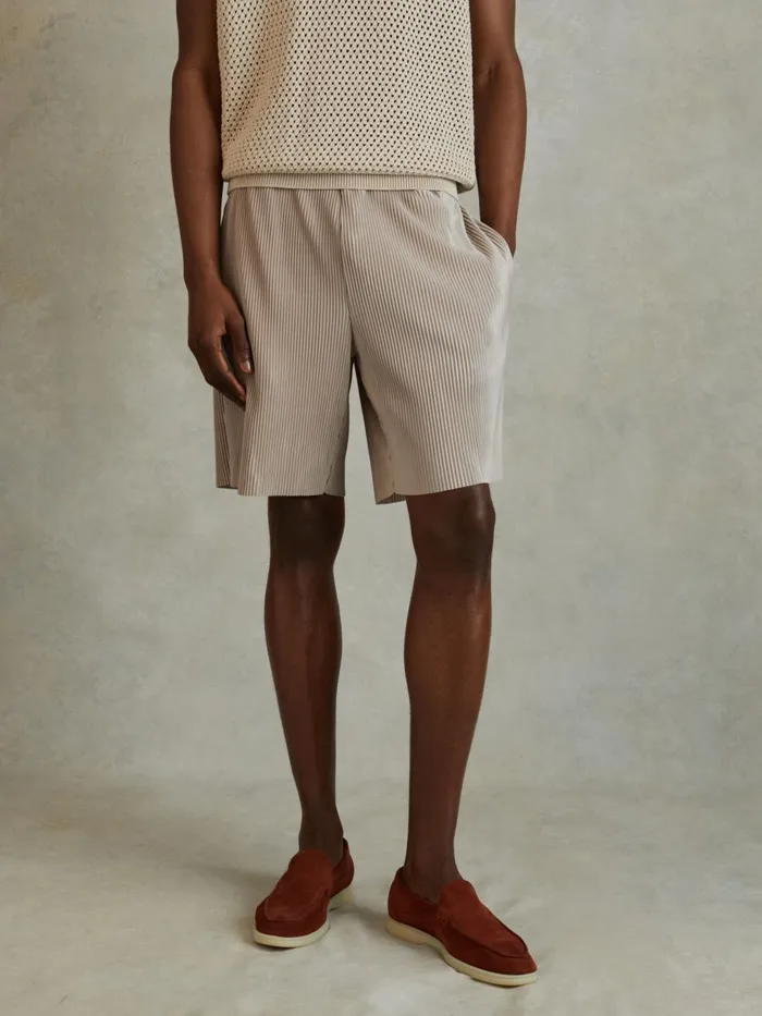 Men Reiss Shorts Milos Elasticated Plisse Shorts Champagne