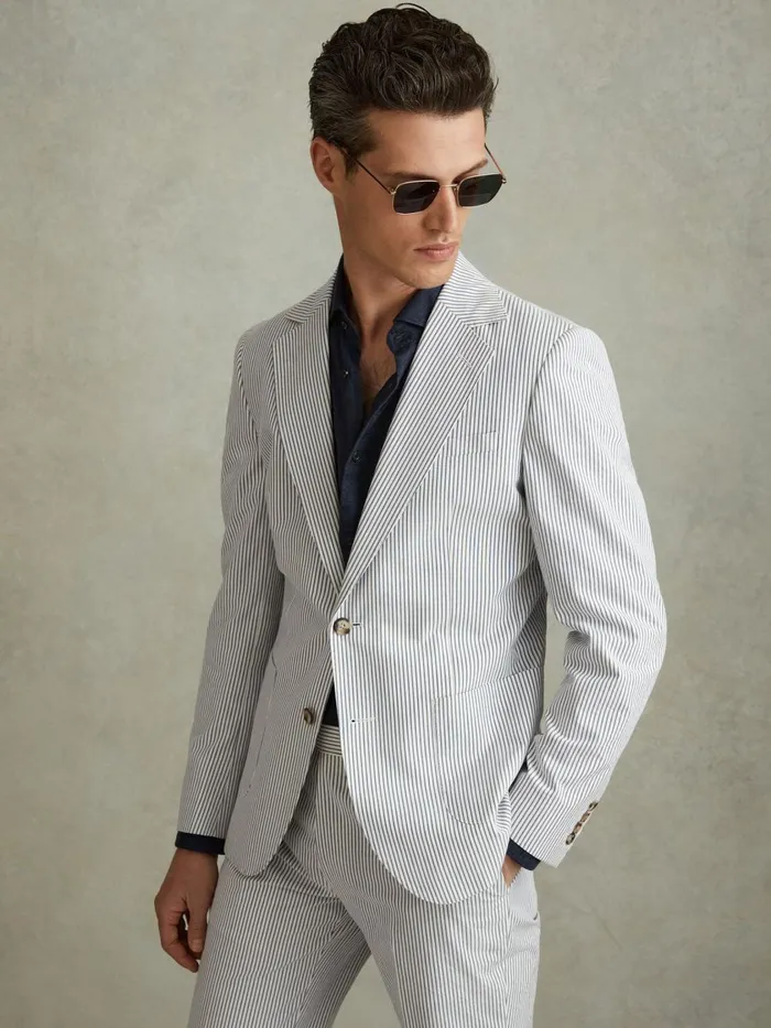 Men Reiss Suits and Tailoring Barr Cotton Seersucker Single Breasted Blazer Soft Bluewhite