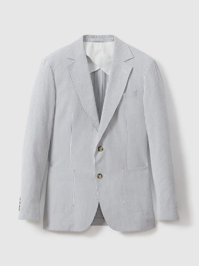 Men Reiss Suits and Tailoring Barr Cotton Seersucker Single Breasted Blazer Soft Bluewhite