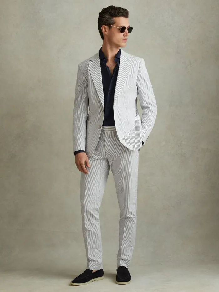Men Reiss Suits and Tailoring Barr Cotton Seersucker Single Breasted Blazer Soft Bluewhite