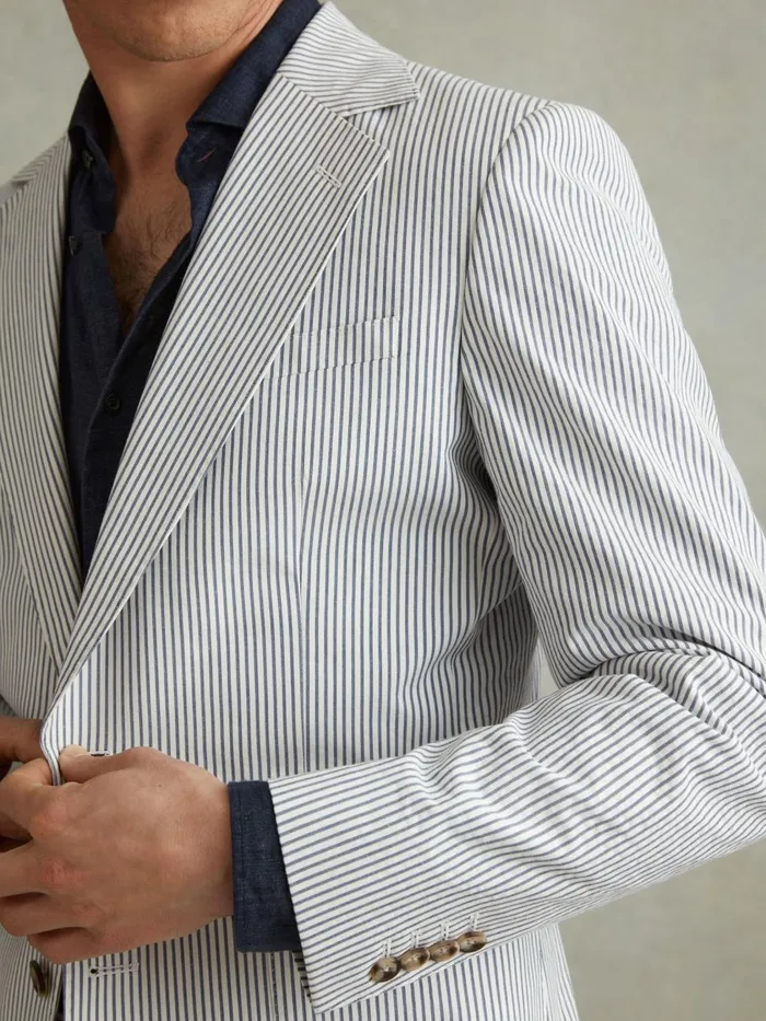 Men Reiss Suits and Tailoring Barr Cotton Seersucker Single Breasted Blazer Soft Bluewhite