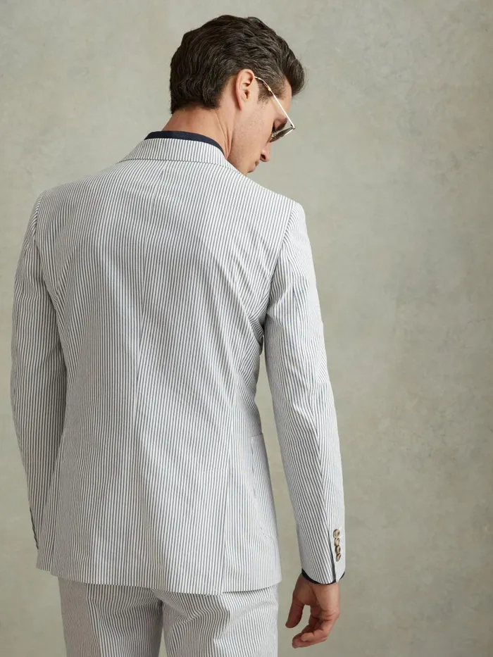 Men Reiss Suits and Tailoring Barr Cotton Seersucker Single Breasted Blazer Soft Bluewhite