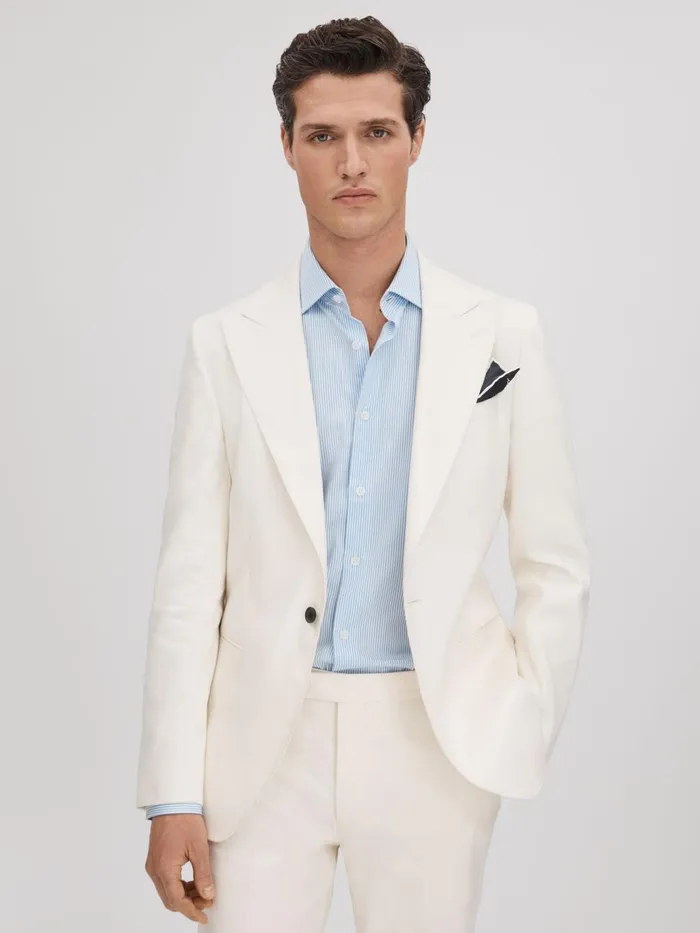 Men Reiss Suits and Tailoring Heat Linen Blend Single Breasted Blazer Off White