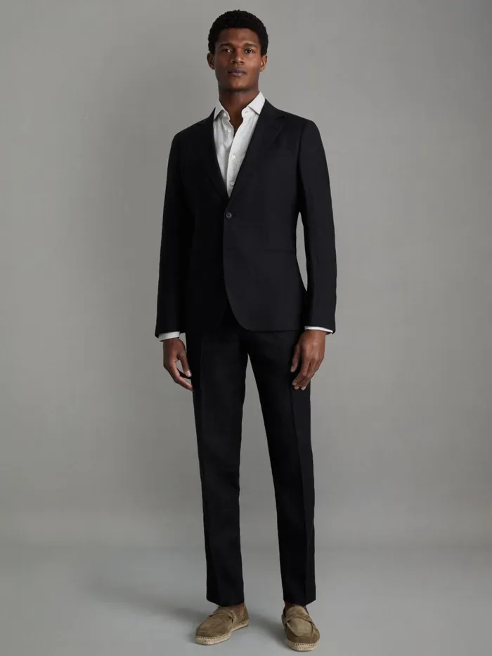 Men Reiss Suits and Tailoring Kin Slim Fit Linen Adjuster Trousers Black