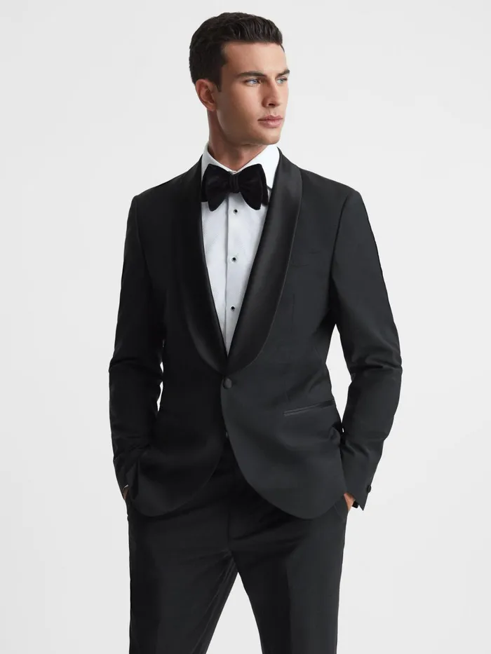 Men Reiss Suits and Tailoring Poker Modern Fit Single Breasted Tuxedo Jacket Black